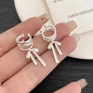 Ballet Style Pure White Ribbon Bow Ear Clip Female Niche Unique Design Ear Clip Advanced Sense Earrings
