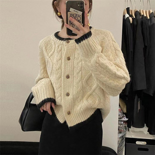 Korean Style Socialite Contrast Color Design Sweater Coat Women's Autumn and Winter Cashmere Lazy Style Short Knitted Cardigan