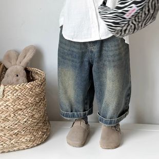 Boys and Girls Pants 2024 Spring & Fall New Style American Fashionable Loose Wide-Leg Pants Korean Style Jeans for Small and Medium-Sized Children