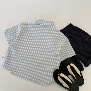 Maibao Children's Short-sleeved Shirt 2025 Summer New Korean Style Striped Trendy Shirt for Boys