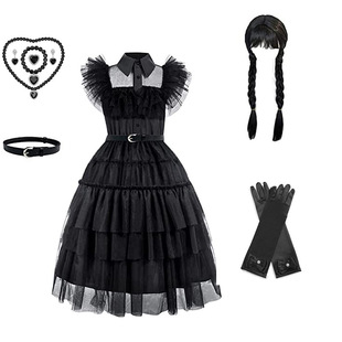 Cross Border 2024 Girl Dress cosplay Wednesday Princess Brigitte Dress Lace Stitching Puff Sleeve Children