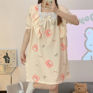 Pajamas Women's Summer Nightgown Korean Style Pajamas Cartoon Foam Sweet Cute Japanese Style Instagram Style Girl's Short-Sleeved Nightgown