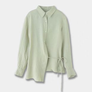 ARK Women's 2025 Summer New Linen Long-sleeved Commuter Style Design Asymmetrical Hem Green Shirt Women