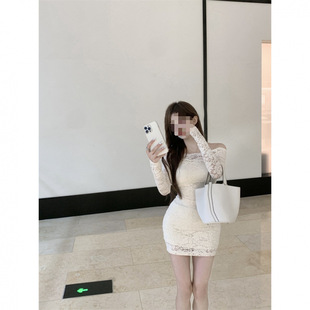 off-shoulder long-sleeved dress women's summer pure lace elegant skirt sexy waist tight hip skirt