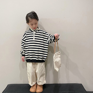 Non-refundable original price 35 Korean style Foreign style zipper small stand collar sweater children's striped long sleeve pullover top