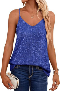2025 European and American New AliExpress European and American New Loose Sequin V-neck Sleeveless Casual Sequin Deep V Sling