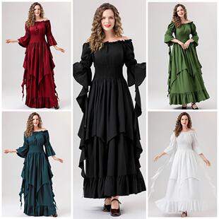 Cross-border Explosions Halloween Costume European and American Bundled Waist Medieval Renaissance Gothic Retro Multicolor Long Dress