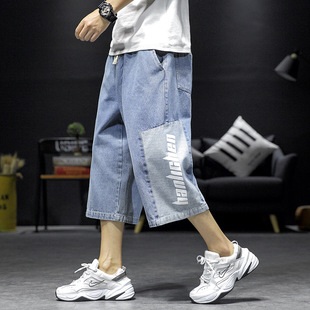 Летние мужские тонкие укороченные брюки ins Fashion Brand свободные прямые брюки больших размеров Корейские джинсовые брюки 1 поколение