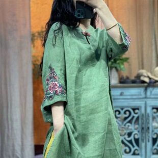 Retro embroidered cotton and linen dress women's summer new ethnic style buckle 3/4 sleeve Chinese style improved cheongsam dress