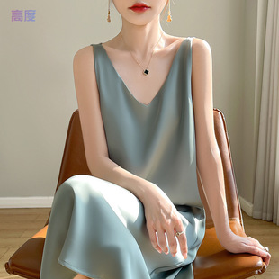 Silk Silks and Satins 2025 Summer Women's New V Neck Slim Inner Dress Socialite Sexy Suspender Skirt Long Skirt