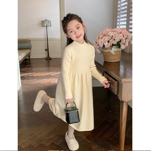 Girls' Woolen Long Dress 2024 Autumn and Winter New Children's Knee-over-the-knee Long Outer Wear Long Sleeve Half-high Neck All-match dress