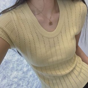 New Water Drop Collar Chanel Style Knitted Short-sleeved Women's 2024 Summer All-match Slim-fit Slimming Hollow Elegant Trendy Top
