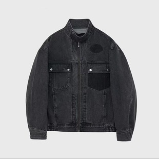 Autumn and Winter 2024 Heavy Dressed Washed Denim Jacket Men's Trendy High Neck Multi-Pocket Motorcycle Short Jacket