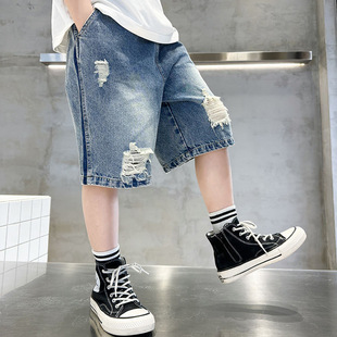 Children's Korean-style 2024 Summer New Rapped Denim Shorts Big Children's Outer Wear Summer Thin Pants Five-point Pants