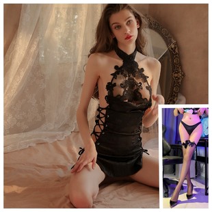 Su's Sexy Pajamas Sexy Underwear Cheongsam Temptation Passion Hollow Strap High Split Free Uniform Set