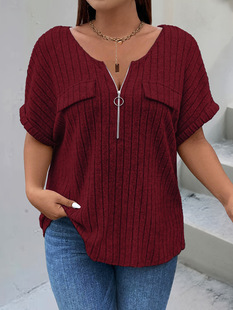 2024 Amazon Spring and Summer New Solid Color Large Size Women's Top Zipper Short Sleeve Fake Pocket Pullover T-shirt Loose