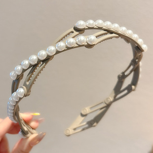 2025 New Foldable Pearl Headband Women's Travel Portable Face-washing Retractable Headband High Cranial Top All-match Hair Accessories