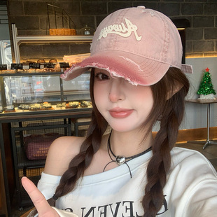 Letter Embroidered Hole Dressed Pink Baseball Cap Women's 2025 Spring New Big Head Wai Hat All-match Cap
