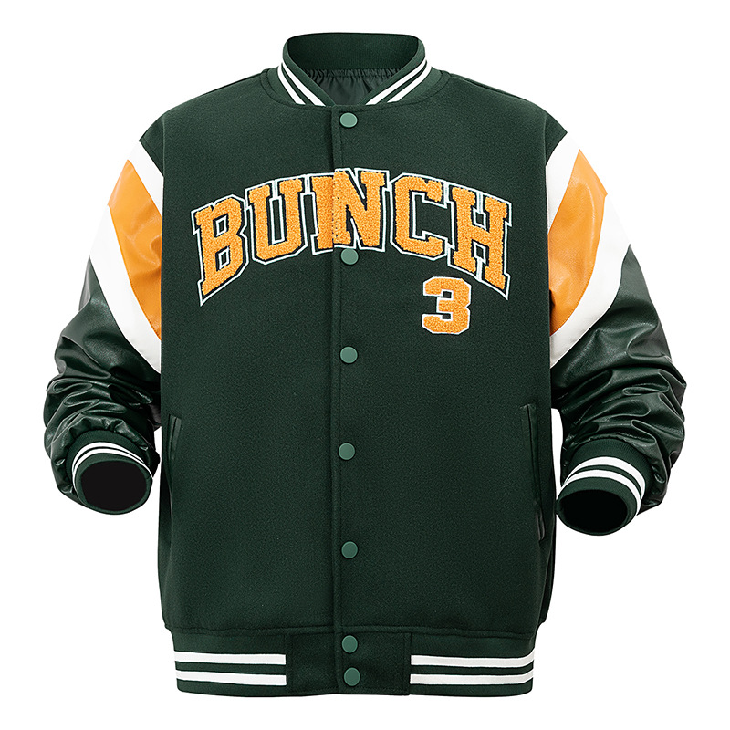 American Retro Baseball Jacket for Men with Pu Leather Sleeves, Spring and Autumn Embroidered College-Style Loose-Fitting Amekaji Patchwork Jacket