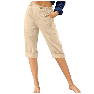 2023 European and American women's clothing Amazon new cropped pants foreign trade cross-border solid color cotton and linen fashion loose high waist casual