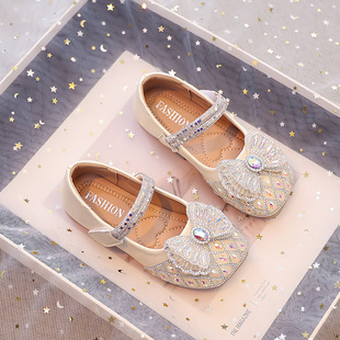 Girls Crystal Small Leather Shoes 2025 Summer Little Girl Cute Bow Star Sequin Princess Shoes Performance Shoes