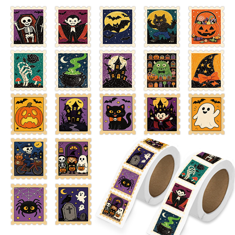 Cross-Border Halloween Stamp Sticker Roll Set Holiday DIY Journal Tape Gift Decoration Sealing Stickers Wholesale