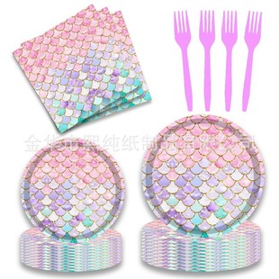 in stock Ocean Mermaid Children's Cartoon Birthday Party Tablecloth Paper Plate Disposable Tableware Arrangement