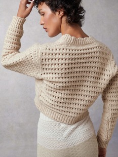 French style sweater women's RO autumn and winter New textured wool blended hollow crocheted V-neck long sleeve buckle knitted coat