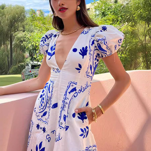 Foreign Trade Cross-border Independent Station 2024 New Low-cut V-neck Fashion Printing Bubble Sleeve Large Swing Cotton and Linen dress
