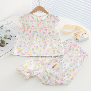 Western style children's clothing 2024 Summer new children's cotton suit baby girl's thin artificial cotton flying sleeve two-piece thin
