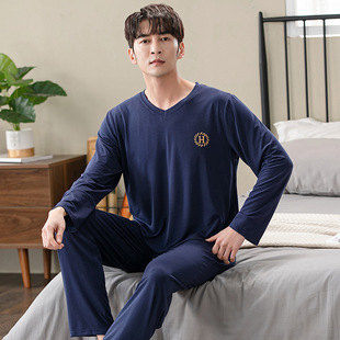 Modal Pajamas Men's Spring and Autumn New Long Sleeve Crewneck Pullover Autumn and Winter Thin Plus Size Home Suit