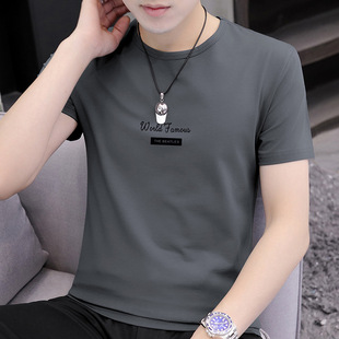 Cotton Round Neck Men's Short-sleeved T-shirt Slim-fit Trendy Simple Printed Top Spring and Summer Thin Half-sleeved Casual T-shirt