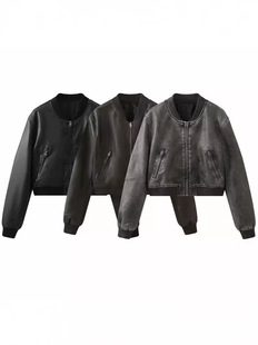 American Motorcycle Imitation Leather Bomber Jacket Top for Women 2024 Autum New European and American Hottie Stand Collar Short Jacket