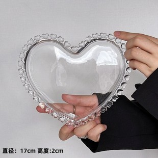 Ins Style Korean Heart Edge Fruit Glass Plate Series Household Tall Transparent Dessert Plate Cake Plate Salad Plate