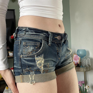 European and American hot girl style retro washed hot diamond Denim shorts summer new street hipster hot girl low waist hot pants women