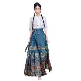 Chinese Style Horse Face Dress suit Simple Collar Top Summer Thin Daily Commuter Wear Woven Gold Horse Face Dress Set