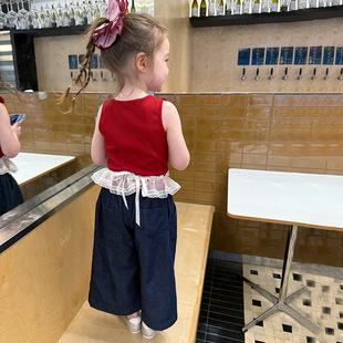 2025 New Girls' Fashionable Style Cute Flower Vest Lace Mesh Short Skirt All-match Loose Wide-leg Pants Three-piece Set