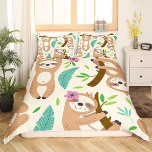 Cute Sloth Sunflower Duvet Cover Cartoon Animal Butterfly Bedding suit Plant Flower Three-piece Set