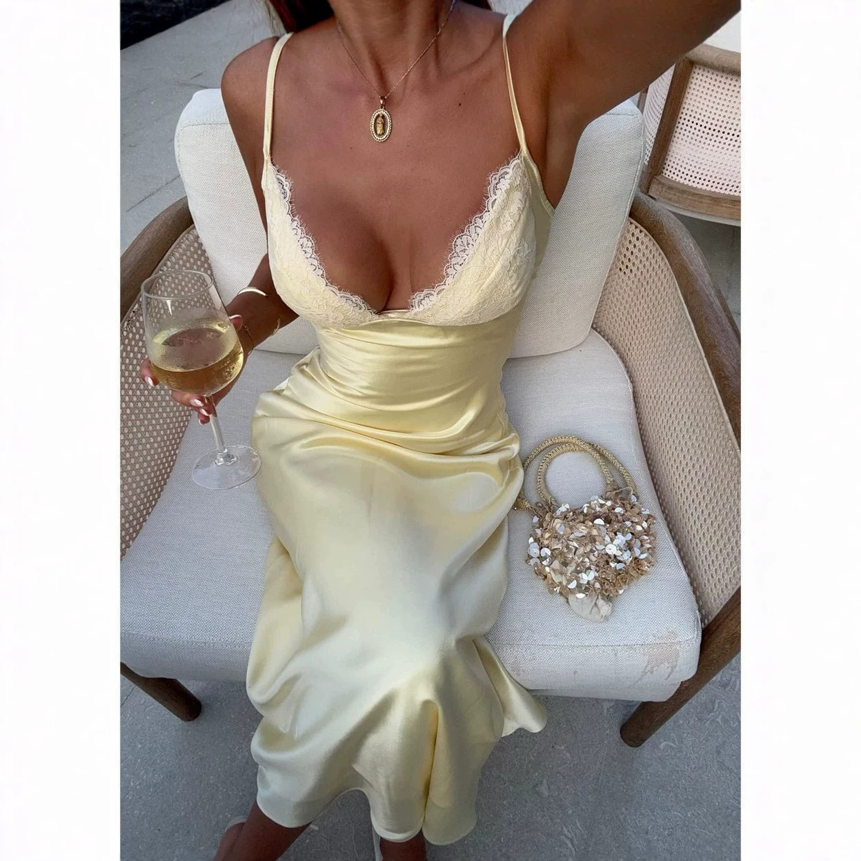 Cross-Border European and American Style Elegant Spaghetti Strap Dress with Lace and Satin Mermaid Skirt, Slim Fit Party Dress