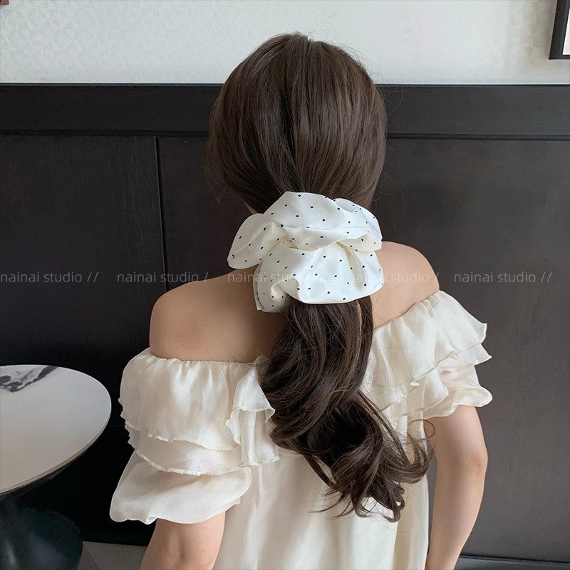Sweet Blue Satin Fashion Scrunchie French Black and White Polka Dot Low Ponytail Hair Tie Bun Hairband Hair Ring
