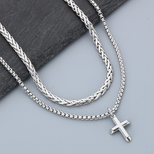 Hao Yi New Style Boys Hip-hop Overlapping Cross Pendant All-match Niche Cuban Chain Titanium Steel Men's Necklace Accessories