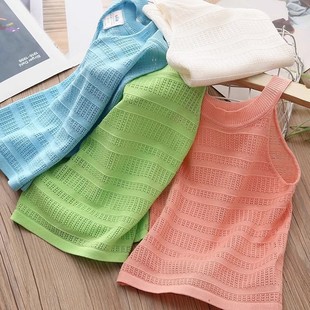 Girls' Camisole Summer 2024 New Korean Solid Color Knitted Neck Children's Summer Sleeveless T-shirt Trendy