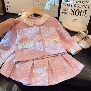 New Spring and Autumn Girl's Small Fragrant Style suit Bead Jacket Pleated Skirt 2024 Two-Piece Set
