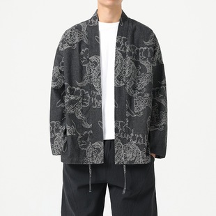 2024 Autumn Men's New Chinese Style Taoist Robe Dragon Jacquard Denim Jacket Japanese Fashionable Chinese Style Cardigan