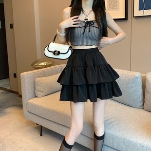 Black Skirt Women's Spring Summer Autumn Super Fire Pear Shape High Waist A- Line Cake Skirt Small Puff Short Skirt