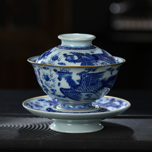 Jingdezhen Fully Handmade Ceramic Gold-painted Blue and White Dragon and Phoenix Pattern Sancai Bowl Tea Bowl Kung Fu Tea Set