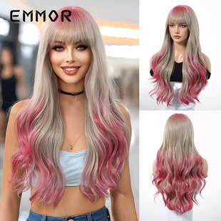 European and American cosplay Festival Qi Bangs Dragon Fruit Color White Big Wave Long Curly Hair Natural Wig Full Head Cover