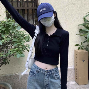 Sweet Spice Girl Polo Collar Short Long-sleeved T-shirt Women's Autumn and Winter Tight Waist Slim-fit Inner Base Shirt High Waist Navel Top