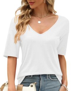 Women's T-shirt V-neck Half-sleeve Loose Shirt Casual Solid Color Basic Top