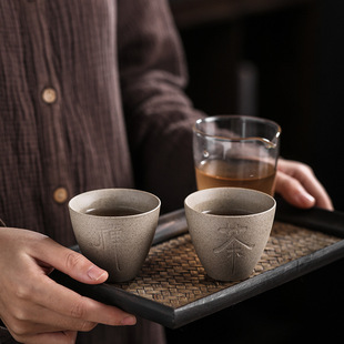 Creative ceramic tea cup Japanese Zen personal cup stoneware old rock clay tea cup handmade lettering tea bowl tea cup